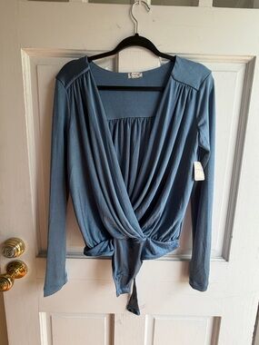 Free People Slate Blue Draped Tie-Front Bodysuit